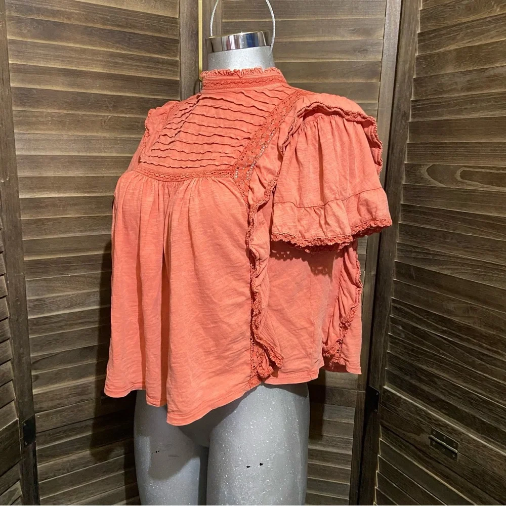 Free people Le Femme Boho Ruffled Peasant Blouse Top Oversized XS Milkmaid Mock